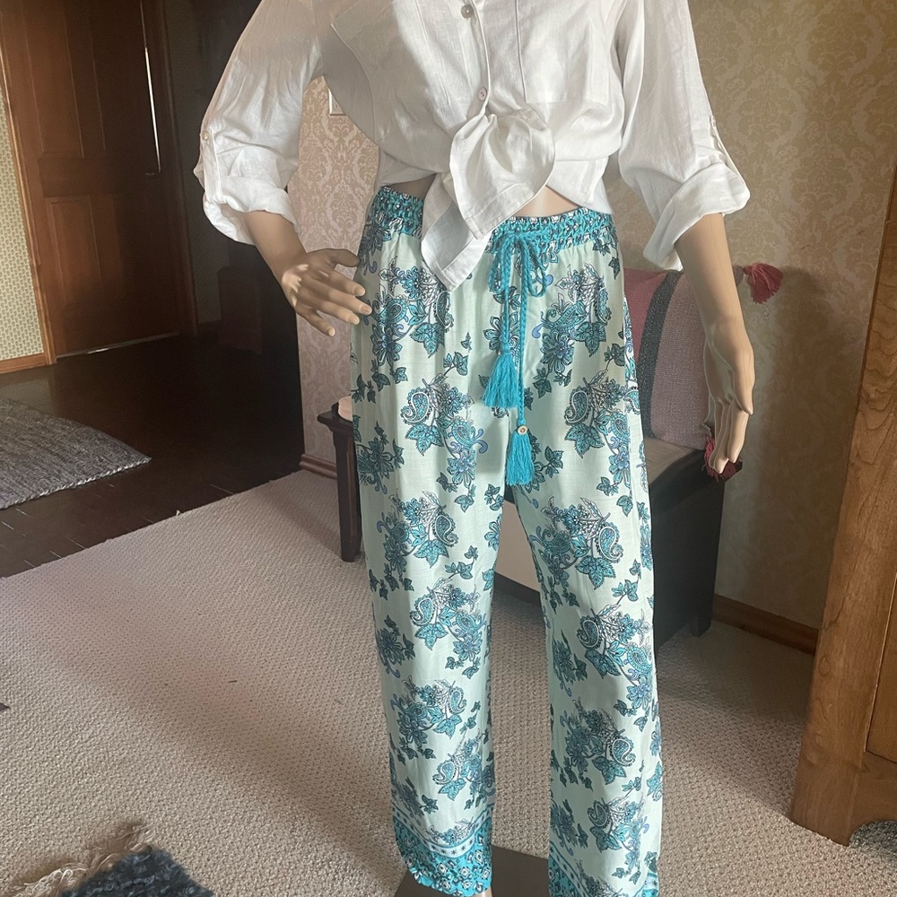 Turquoise drawstring cotton pants